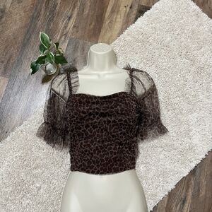 Altar'd State Medium Leopard Print Mesh Ruffle Puff Sleeve Smocked Crop Top